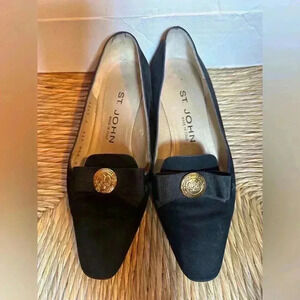 Vintage St John Women’s Chunky Heel Sz 5.5 Black Suede Gold Hardware Shoes Italy